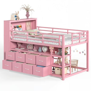 English Elm Twin Low Loft Bed with LED Lighting USB Port Storage Drawers and Clothing Rod Pink W5305S00308