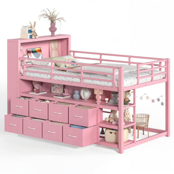 English Elm Twin Low Loft Bed with LED Lighting USB Port Storage Drawers and Clothing Rod Pink W5305S00308