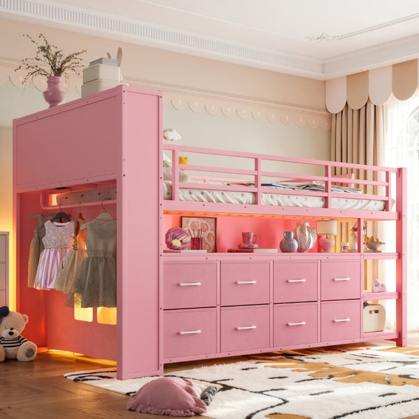 English Elm Twin Low Loft Bed with LED Lighting USB Port Storage Drawers and Clothing Rod Pink W5305S00308