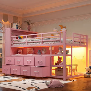 English Elm Twin Low Loft Bed with LED Lighting USB Port Storage Drawers and Clothing Rod Pink W5305S00308
