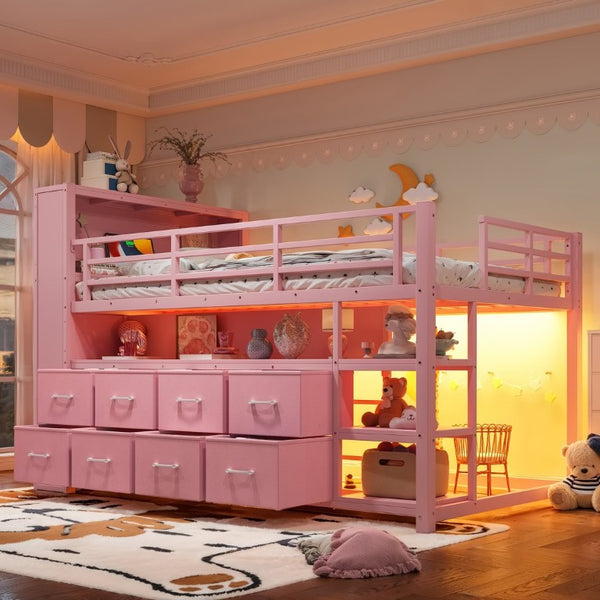 English Elm Twin Low Loft Bed with LED Lighting USB Port Storage Drawers and Clothing Rod Pink W5305S00308