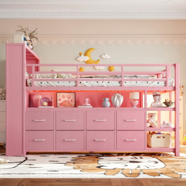 English Elm Twin Low Loft Bed with LED Lighting USB Port Storage Drawers and Clothing Rod Pink W5305S00308