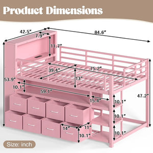 English Elm Twin Low Loft Bed with LED Lighting USB Port Storage Drawers and Clothing Rod Pink W5305S00308