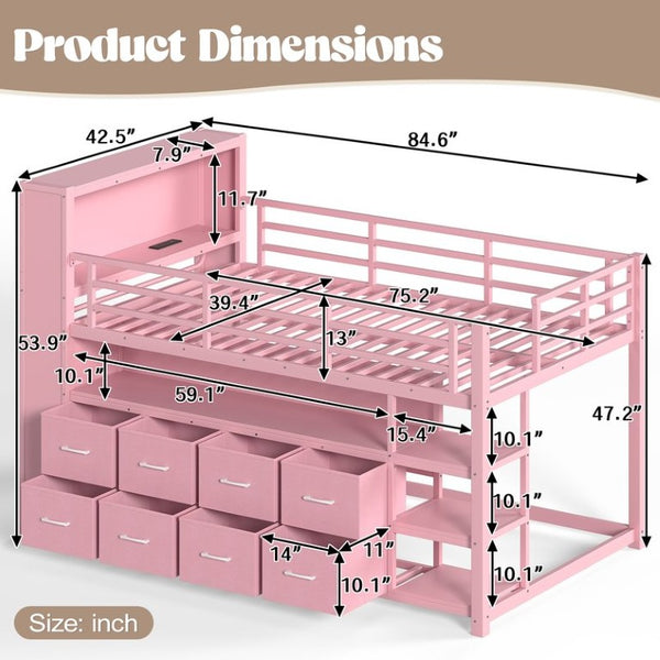 English Elm Twin Low Loft Bed with LED Lighting USB Port Storage Drawers and Clothing Rod Pink W5305S00308
