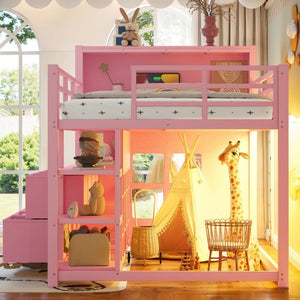 English Elm Twin Low Loft Bed with LED Lighting USB Port Storage Drawers and Clothing Rod Pink W5305S00308