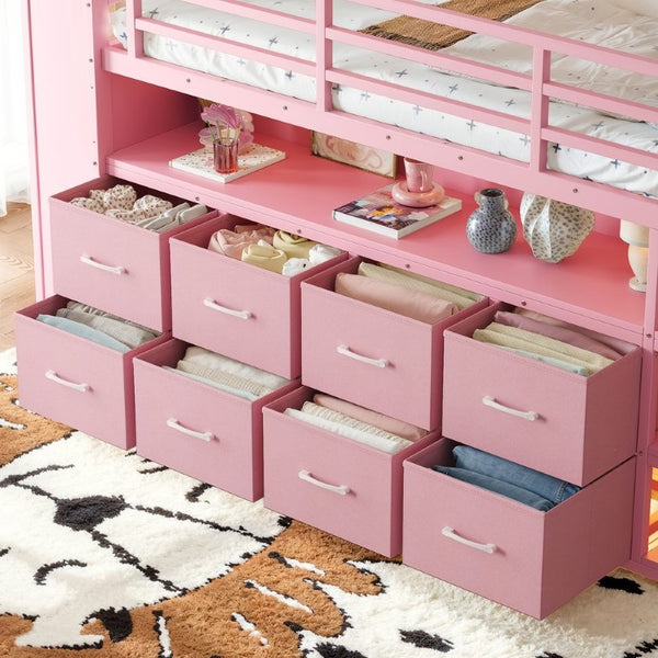 English Elm Twin Low Loft Bed with LED Lighting USB Port Storage Drawers and Clothing Rod Pink W5305S00308