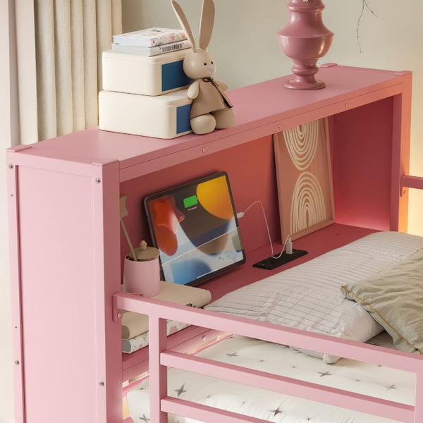 English Elm Twin Low Loft Bed with LED Lighting USB Port Storage Drawers and Clothing Rod Pink W5305S00308