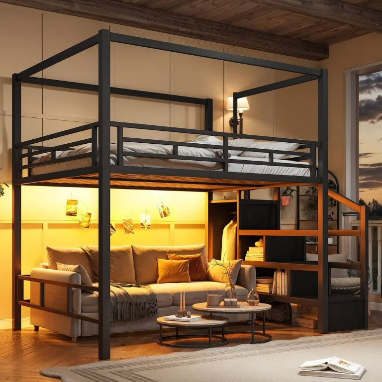 English Elm Queen Metal Loft Bed with Canopy Frame Wardrobe Storage Stairs and Underbed Space Black W5305S00358