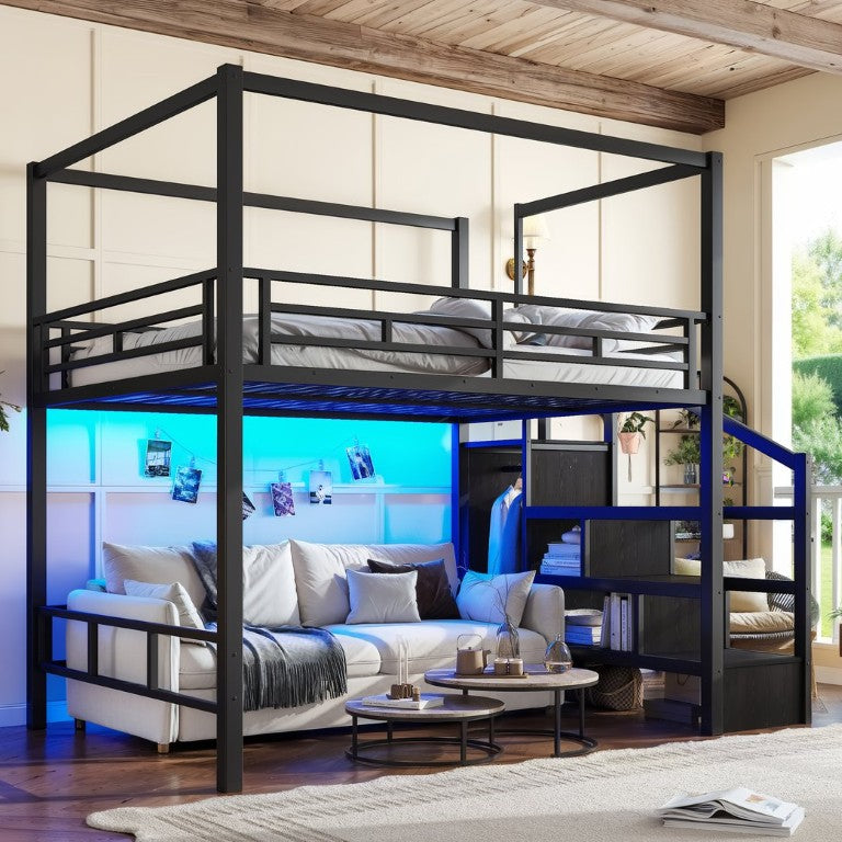 English Elm Queen Metal Loft Bed with Canopy Frame Wardrobe Storage Stairs and Underbed Space Black W5305S00358