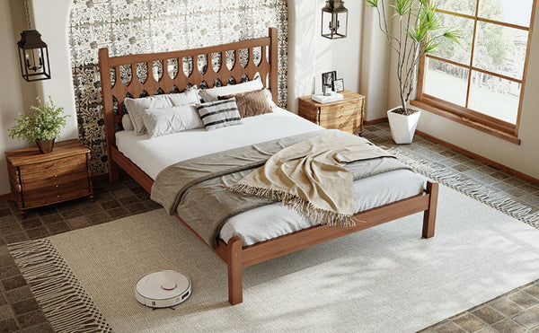 English Elm Full Size Solid Bamboo Platform Bed with Geometric Diamond Headboard for Modern Bedrooms W5316P484021
