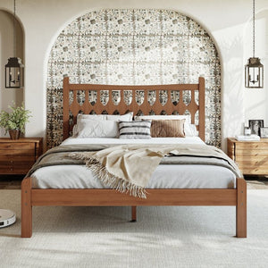 English Elm Full Size Solid Bamboo Platform Bed with Geometric Diamond Headboard for Modern Bedrooms W5316P484021