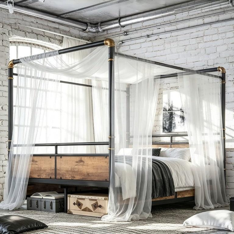 English Elm Queen Canopy Bed Round Pipe Metal Frame Industrial Platform with Gold Accent Hardware W5316P512581