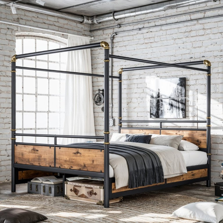 English Elm Queen Canopy Bed Round Pipe Metal Frame Industrial Platform with Gold Accent Hardware W5316P512581