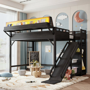 English Elm Ful Size Kids Loft Bed Metal Frame with Slide Wardrobe LED Lights and USB Ports W5316S00035