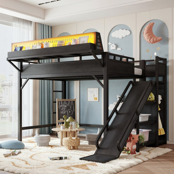 English Elm Ful Size Kids Loft Bed Metal Frame with Slide Wardrobe LED Lights and USB Ports W5316S00035