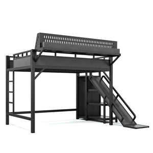 English Elm Ful Size Kids Loft Bed Metal Frame with Slide Wardrobe LED Lights and USB Ports W5316S00035