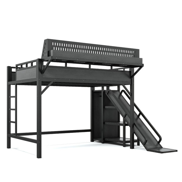 English Elm Ful Size Kids Loft Bed Metal Frame with Slide Wardrobe LED Lights and USB Ports W5316S00035