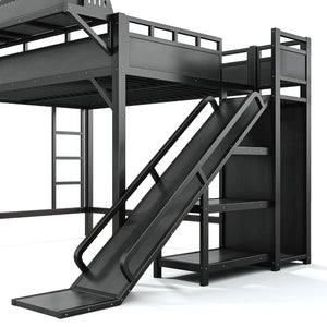 English Elm Ful Size Kids Loft Bed Metal Frame with Slide Wardrobe LED Lights and USB Ports W5316S00035