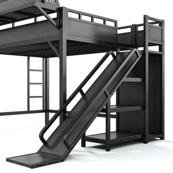 English Elm Ful Size Kids Loft Bed Metal Frame with Slide Wardrobe LED Lights and USB Ports W5316S00035
