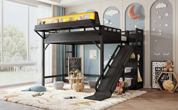 English Elm Ful Size Kids Loft Bed Metal Frame with Slide Wardrobe LED Lights and USB Ports W5316S00035