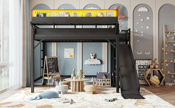 English Elm Ful Size Kids Loft Bed Metal Frame with Slide Wardrobe LED Lights and USB Ports W5316S00035