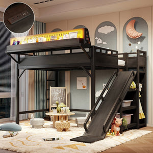 English Elm Ful Size Kids Loft Bed Metal Frame with Slide Wardrobe LED Lights and USB Ports W5316S00035