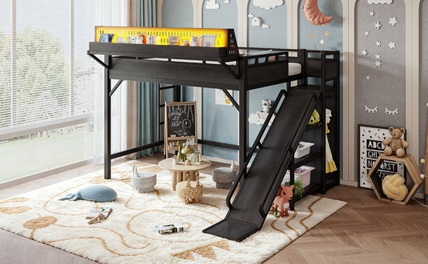 English Elm Ful Size Kids Loft Bed Metal Frame with Slide Wardrobe LED Lights and USB Ports W5316S00035