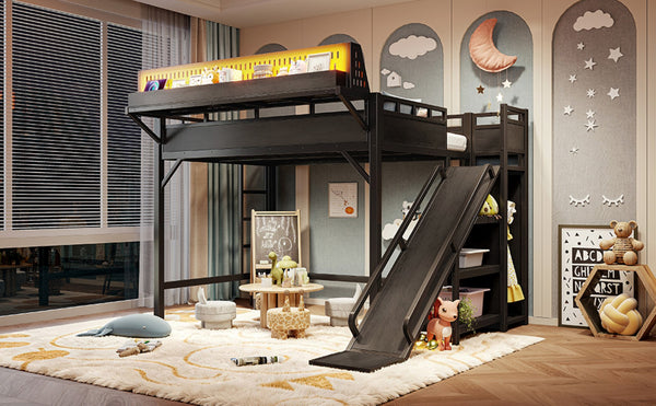 English Elm Ful Size Kids Loft Bed Metal Frame with Slide Wardrobe LED Lights and USB Ports W5316S00035
