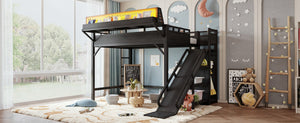 English Elm Ful Size Kids Loft Bed Metal Frame with Slide Wardrobe LED Lights and USB Ports W5316S00035