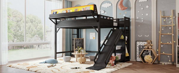 English Elm Ful Size Kids Loft Bed Metal Frame with Slide Wardrobe LED Lights and USB Ports W5316S00035