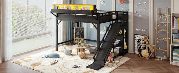 English Elm Ful Size Kids Loft Bed Metal Frame with Slide Wardrobe LED Lights and USB Ports W5316S00035