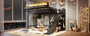 English Elm Ful Size Kids Loft Bed Metal Frame with Slide Wardrobe LED Lights and USB Ports W5316S00035