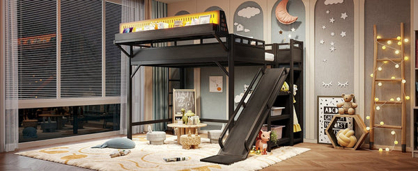 English Elm Ful Size Kids Loft Bed Metal Frame with Slide Wardrobe LED Lights and USB Ports W5316S00035