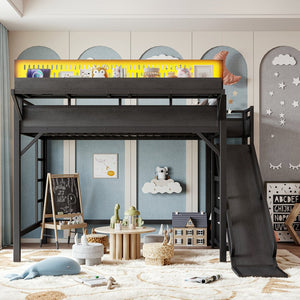 English Elm Ful Size Kids Loft Bed Metal Frame with Slide Wardrobe LED Lights and USB Ports W5316S00035