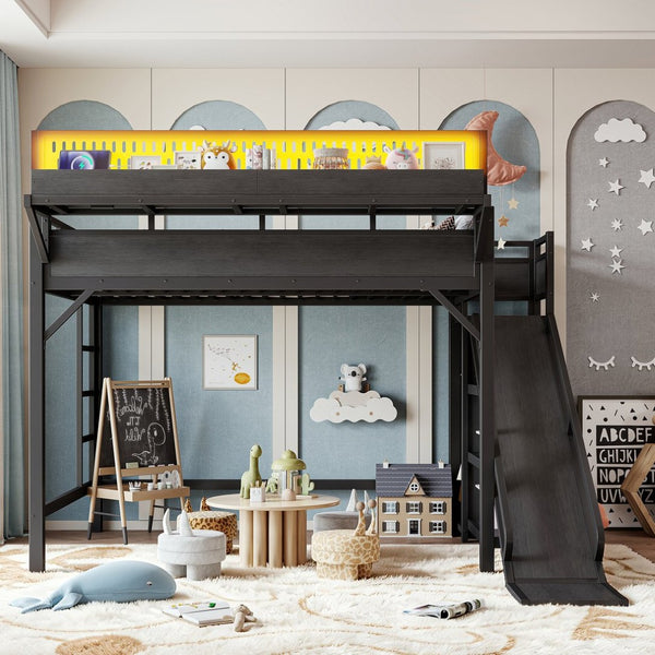 English Elm Ful Size Kids Loft Bed Metal Frame with Slide Wardrobe LED Lights and USB Ports W5316S00035