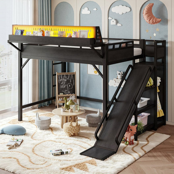 English Elm Ful Size Kids Loft Bed Metal Frame with Slide Wardrobe LED Lights and USB Ports W5316S00035