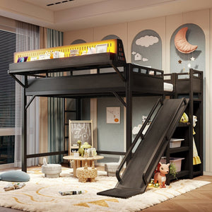English Elm Ful Size Kids Loft Bed Metal Frame with Slide Wardrobe LED Lights and USB Ports W5316S00035