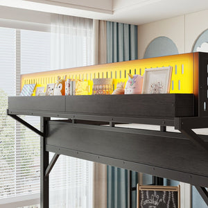 English Elm Ful Size Kids Loft Bed Metal Frame with Slide Wardrobe LED Lights and USB Ports W5316S00035
