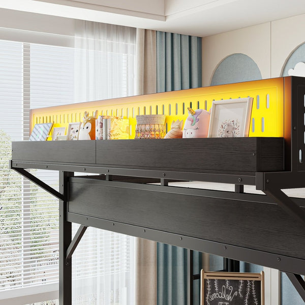 English Elm Ful Size Kids Loft Bed Metal Frame with Slide Wardrobe LED Lights and USB Ports W5316S00035
