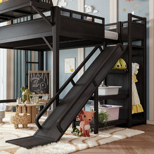English Elm Ful Size Kids Loft Bed Metal Frame with Slide Wardrobe LED Lights and USB Ports W5316S00035