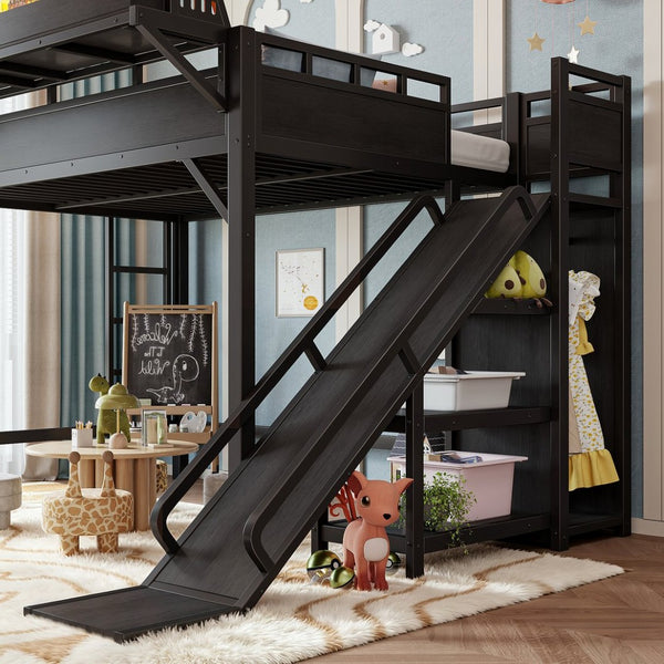 English Elm Ful Size Kids Loft Bed Metal Frame with Slide Wardrobe LED Lights and USB Ports W5316S00035
