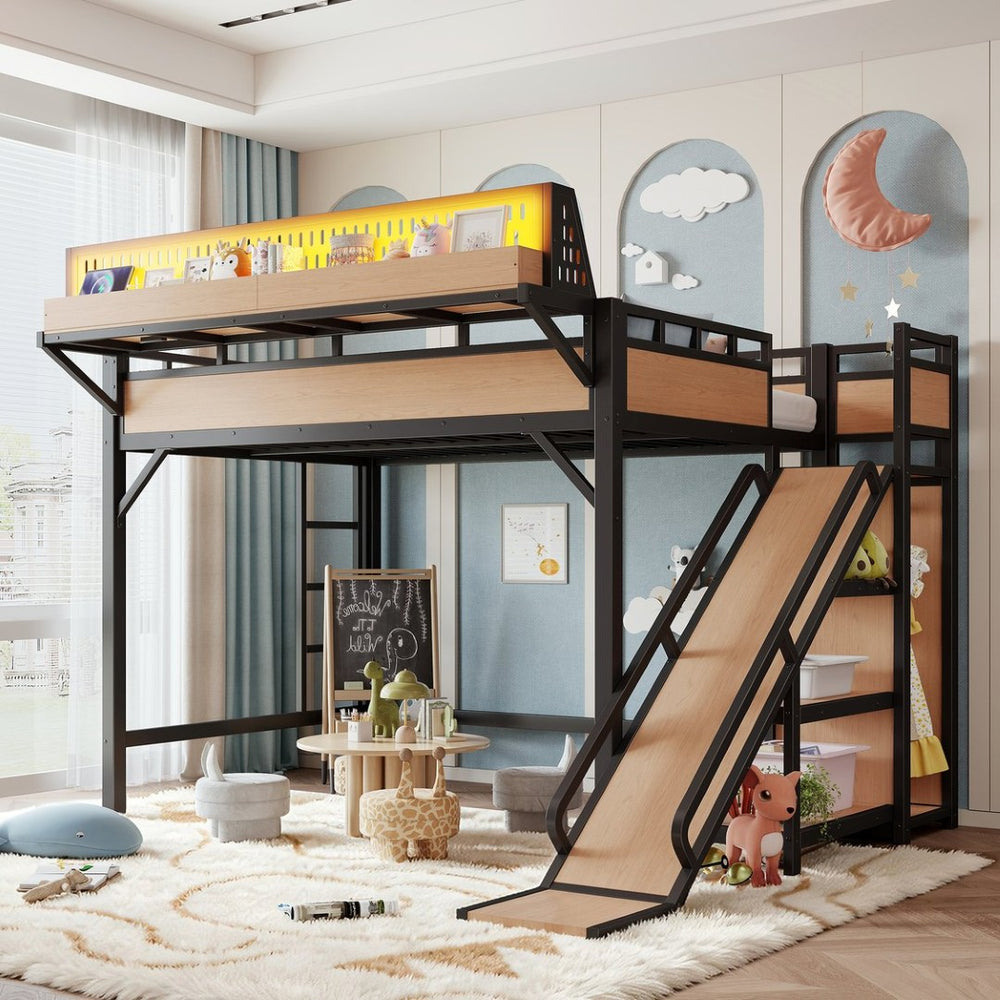 English Elm Full Size Kids Metal Loft Bed with Slide Wardrobe USB Charging and LED Strip Lights W5316S00036