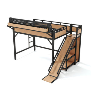 English Elm Full Size Kids Metal Loft Bed with Slide Wardrobe USB Charging and LED Strip Lights W5316S00036