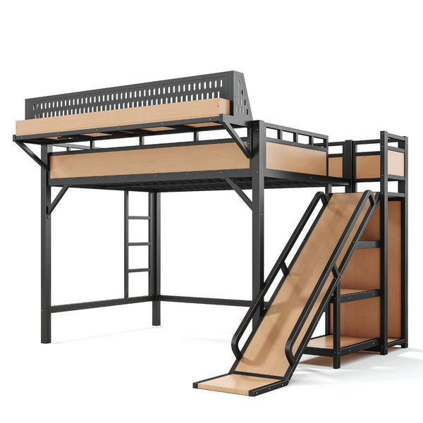 English Elm Full Size Kids Metal Loft Bed with Slide Wardrobe USB Charging and LED Strip Lights W5316S00036