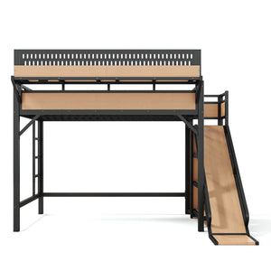 English Elm Full Size Kids Metal Loft Bed with Slide Wardrobe USB Charging and LED Strip Lights W5316S00036
