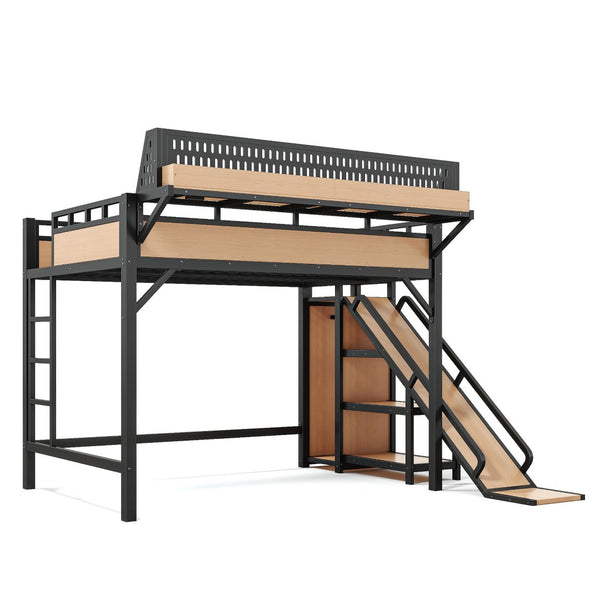 English Elm Full Size Kids Metal Loft Bed with Slide Wardrobe USB Charging and LED Strip Lights W5316S00036
