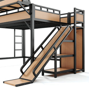 English Elm Full Size Kids Metal Loft Bed with Slide Wardrobe USB Charging and LED Strip Lights W5316S00036