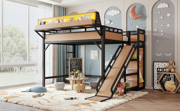 English Elm Full Size Kids Metal Loft Bed with Slide Wardrobe USB Charging and LED Strip Lights W5316S00036
