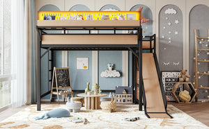 English Elm Full Size Kids Metal Loft Bed with Slide Wardrobe USB Charging and LED Strip Lights W5316S00036