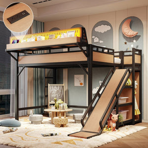 English Elm Full Size Kids Metal Loft Bed with Slide Wardrobe USB Charging and LED Strip Lights W5316S00036